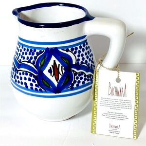 Bachmara Signed Pitcher Hand Made Painted in Tunisia 5.25" Tall 4” Diameter NEW